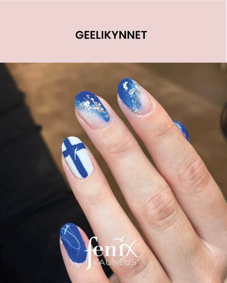 Itsenaisyyspaivan sinivalkoiset geelikynnet, joissa maalattuna Suomen lippu.