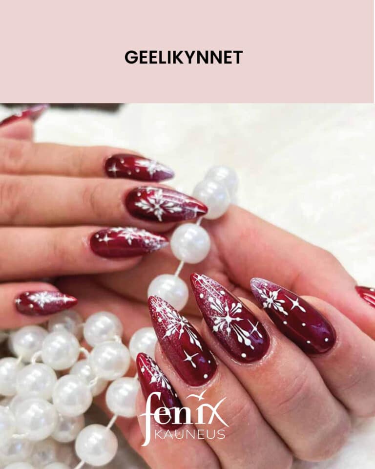 Tummanpunaiset pitkat teravakarkiset geelikynnet, joissa talviset lumihiutalemaalaukset.