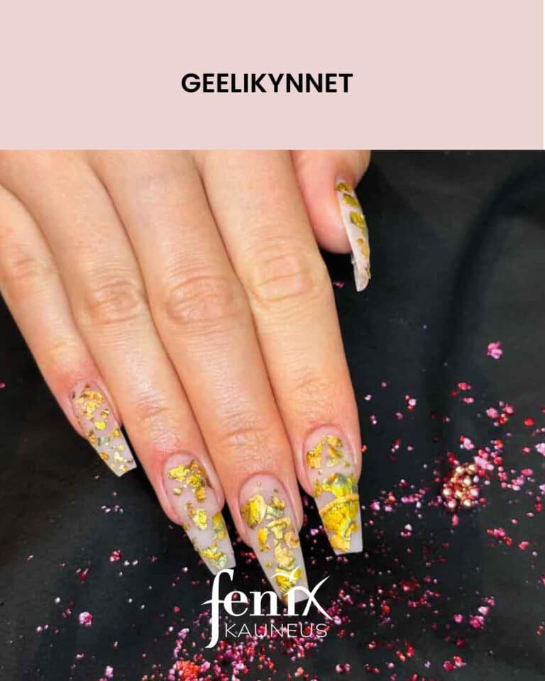 Ballerinamalliset pitkat geelikynnet kultahippukoristein.