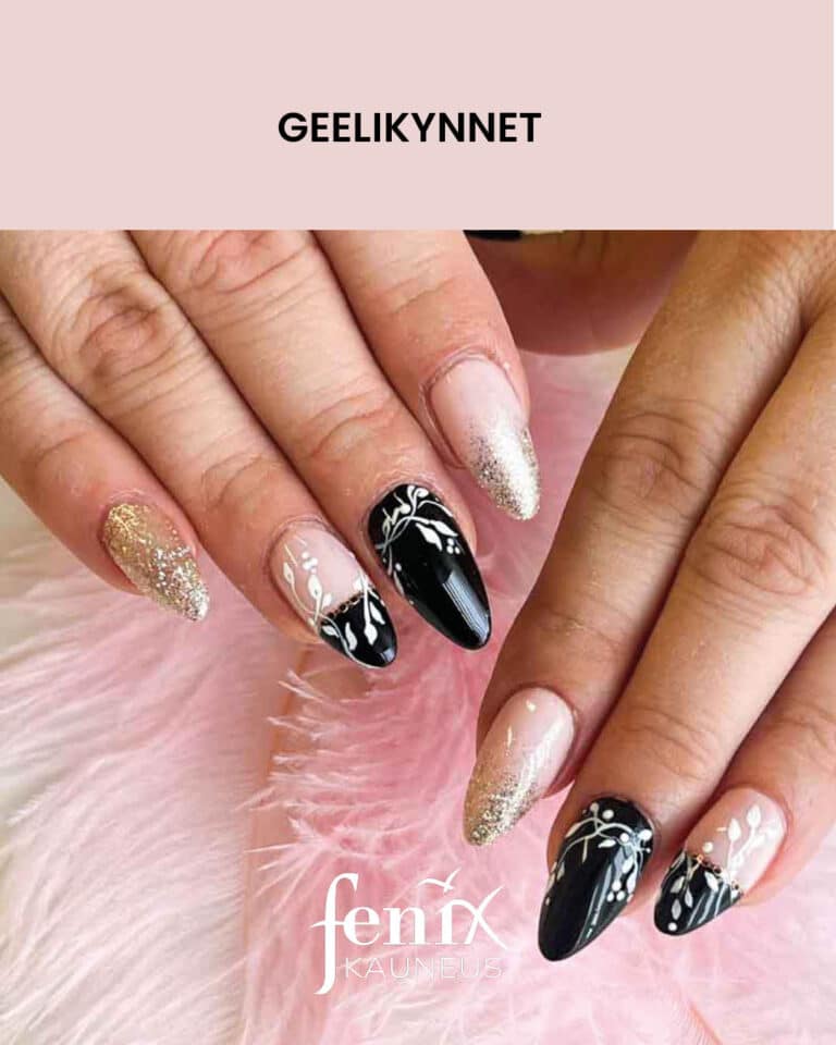 Koristeelliset musta-kultaiset rakennekynnet, joista osa on mustia valkoisin maalauksin, osa on kultaisia, osa liukuvarjattyja ja osa kaksivarisia.