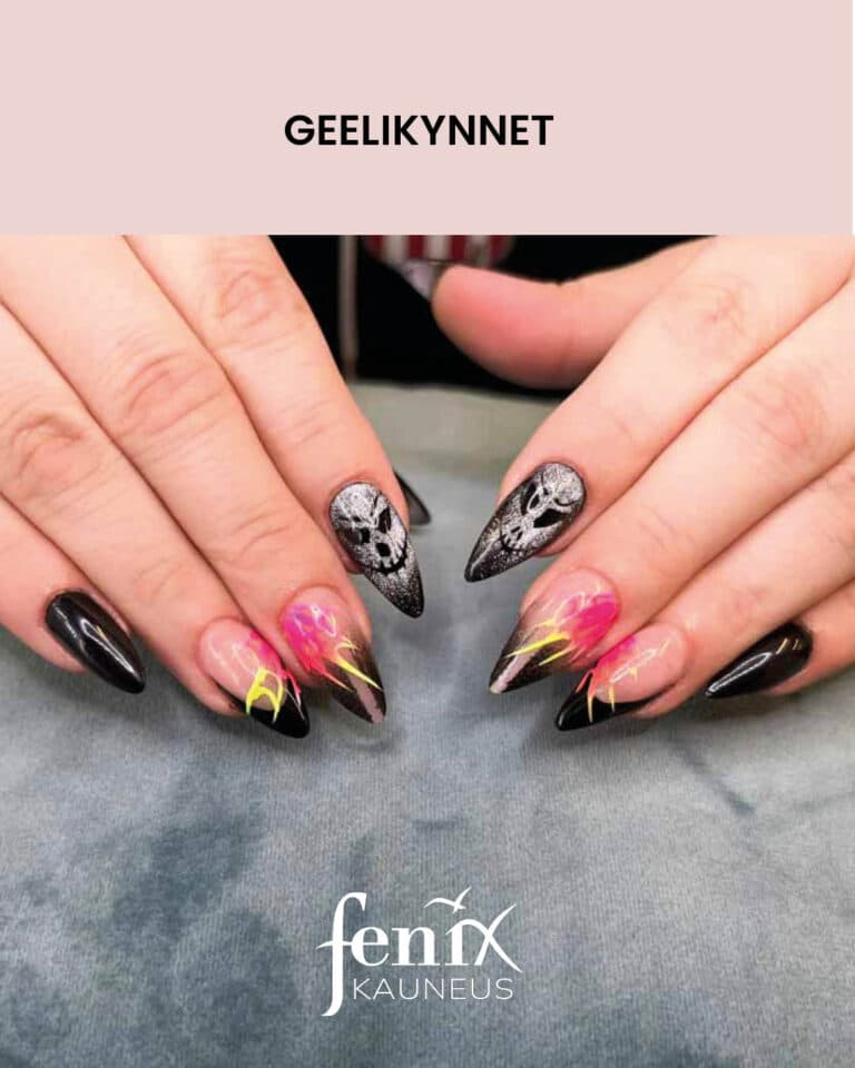 Mustan savyiset halloween-aiheiset rakennekynnet hopeisin paakallomaalauksin seka pinkkikeltaisin lieskakuvioinnein.