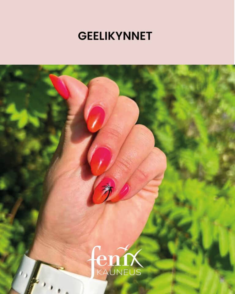 Neonpinkista oranssiin vaihtuvat liukarjatyt lyhyehkot geelikynnet, ja yhteen kynteen on mustalla maalattuna palmun siluetti.