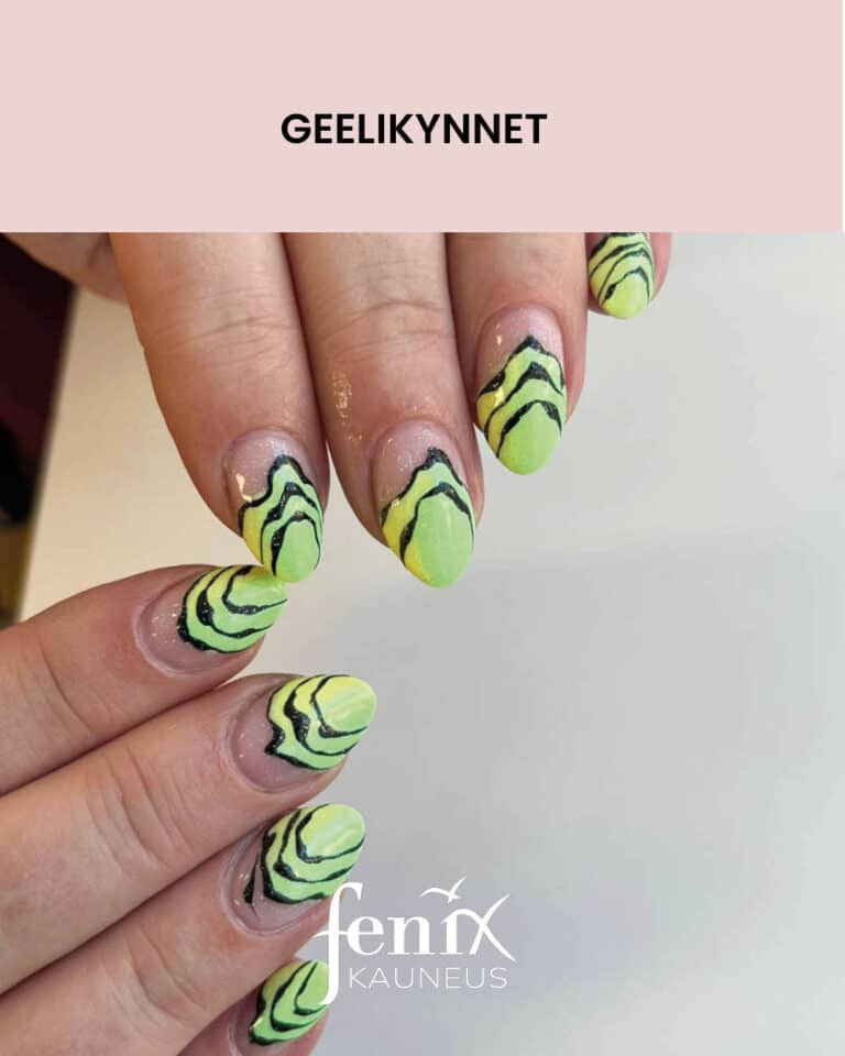 Neonkeltavihreat rakennekynnet, joissa mustia epasaannollisia viivoja.