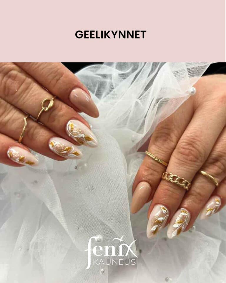 Nuden variset geelirakennekynnet valkokultaisin lehtimaalauksin.