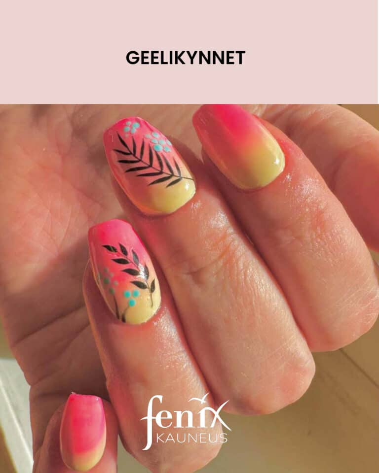 Lyhyehkot keltaisesta pinkkiin vaihtuvat liukuvarjatyt geelirakennekynnet, joissa mustalla maalatut lehdykat ja pienet vihertavat kukkaset.