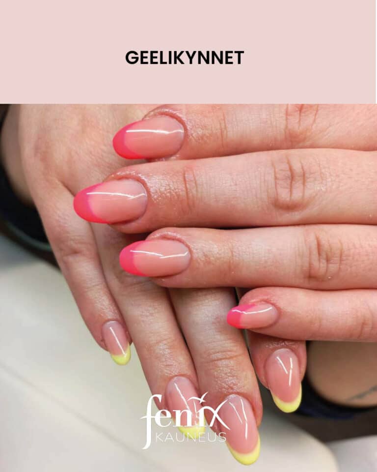 Ranskalaiset geelirakennekynnet, joista toisessa kadessa pinkit karjet ja toisessa kadessa keltaiset karjet.