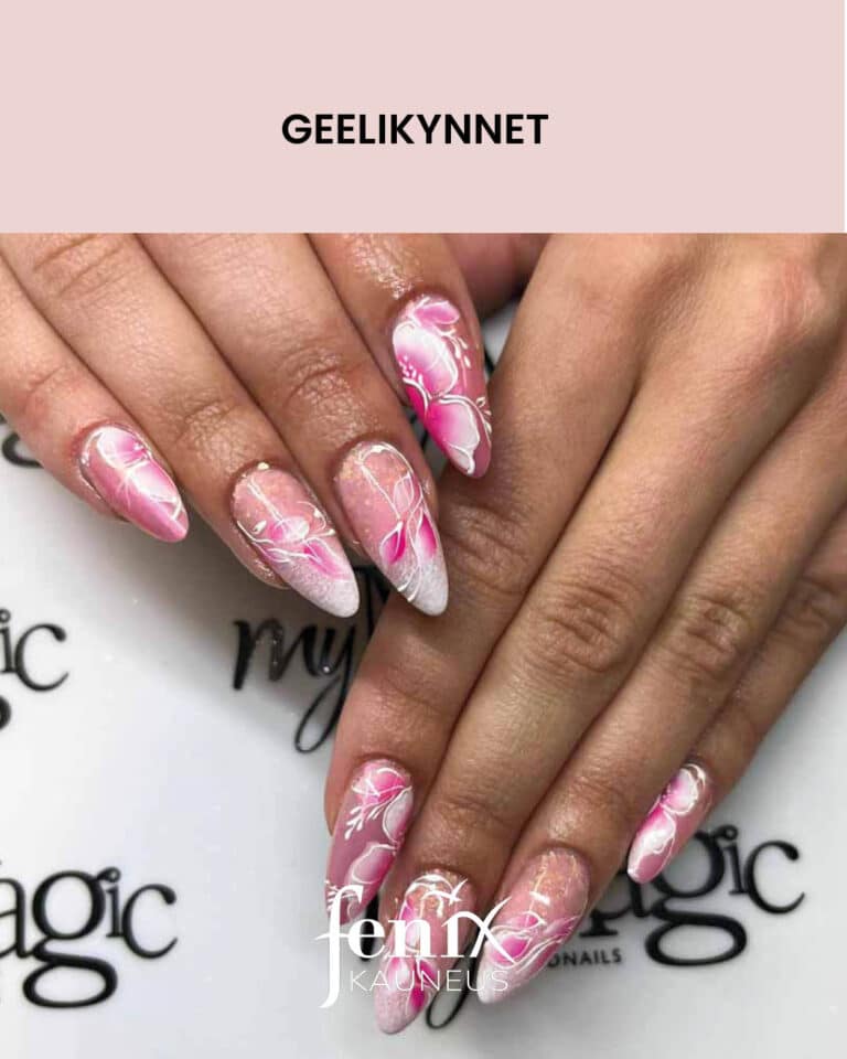 Pinkkia ja valkoista sisaltavat kasinmaalatut kukkarakennekynnet.