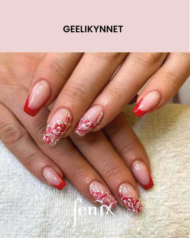 Ranskalaiset geelikynnet punaisilla karjilla ja osassa kynsista punavalkoiset kasinmaalatut kukkaset.