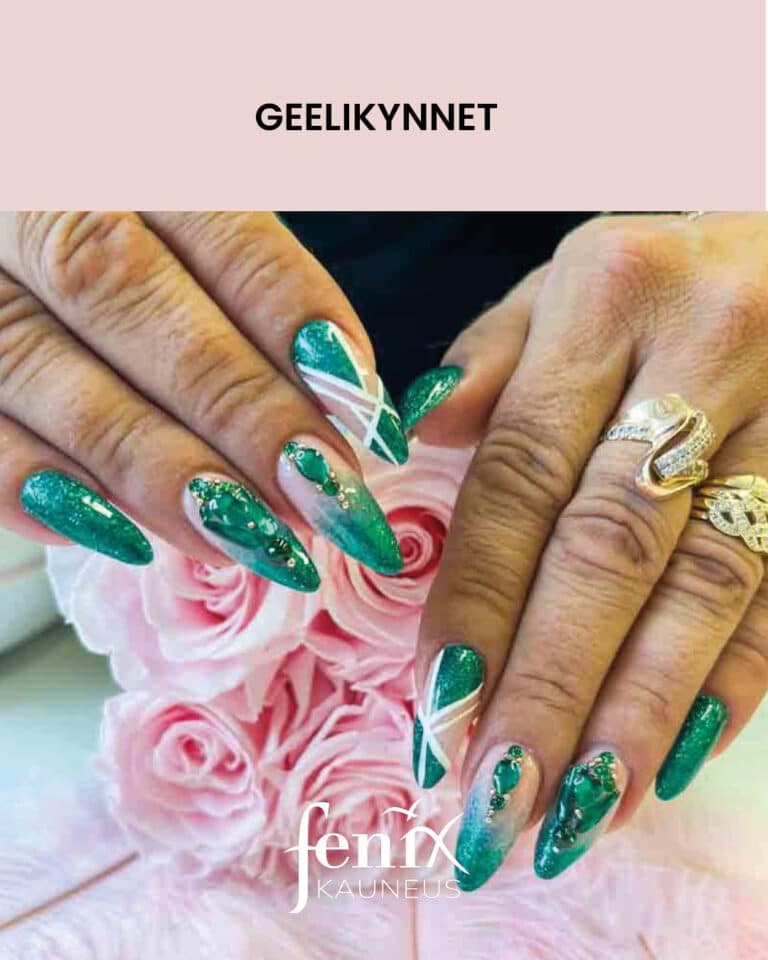 Pitkat, smaragdinvihreat geelikynnet vihrein timantein ja valkoisin maalauksin.