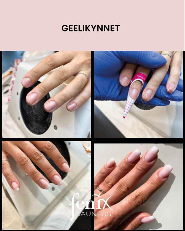 Babyboomergeelikynsien rakentaminen vaihe vaiheelta. Ensin omat luonnonkynnet, sitten kynsimuottien asentaminen, sitten valmiit rakennekynnet ja lopuksi kynsiin tehty babyboomer-lakkaus.