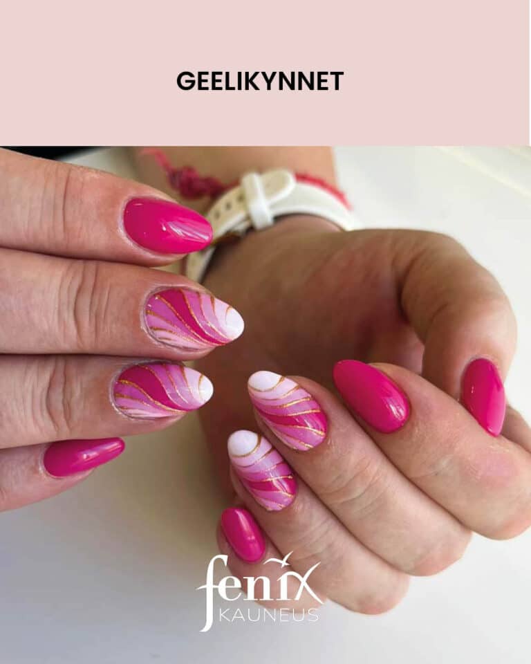 Lyhyen tummanpinkit geelikynnet, joissa osassa liukuvarjays ja kultaisia aaltoilevia viivoja.