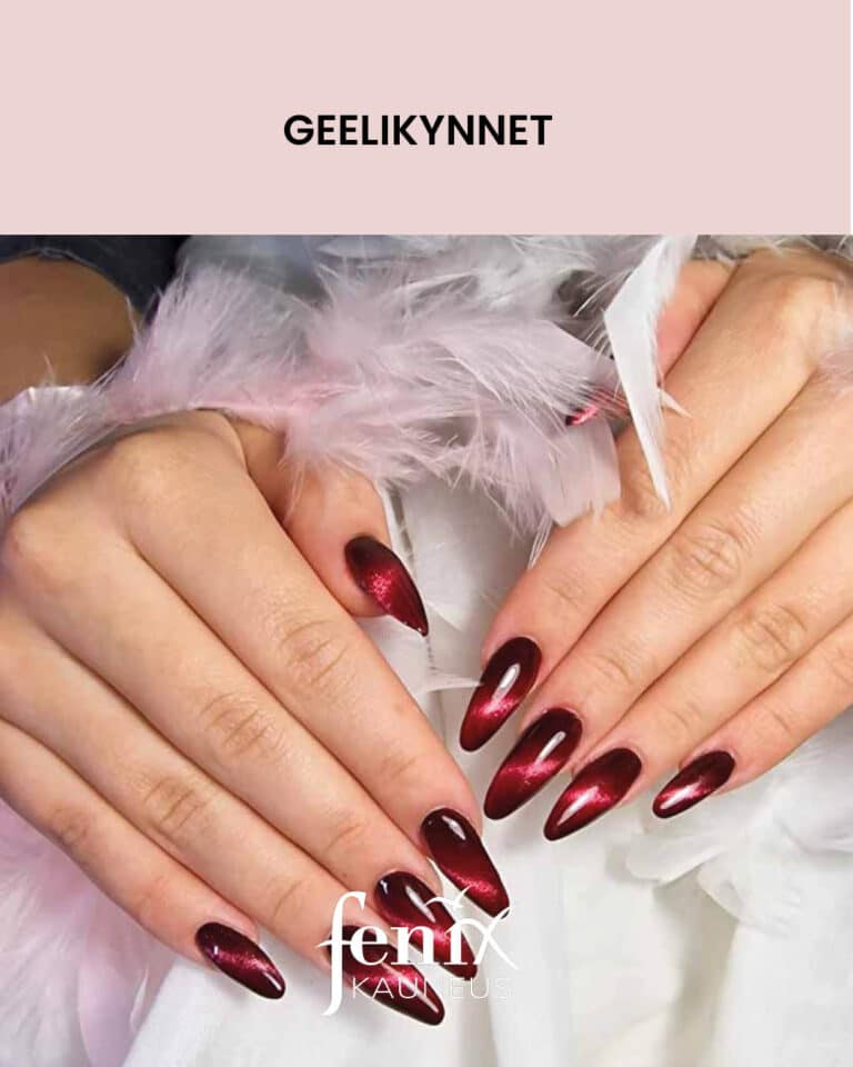 Tummanpunaiset, metallinhohtoiset, pitkat, cat eye -lakalla lakatut, geelirakennekynnet.