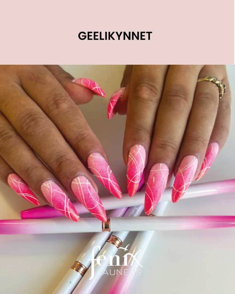 Pitkat pinkit stilettogeelikynnet, joissa vari vaihtuu liukuvarjayksella pinkista valkoiseksi karjesta tyvea kohden.