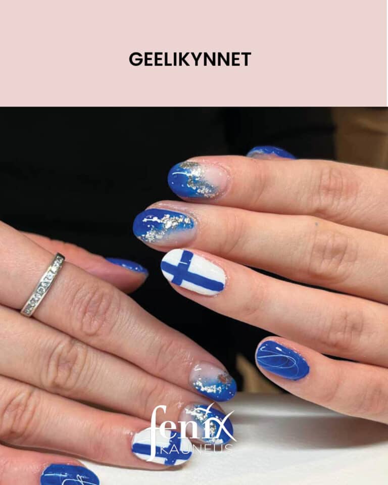 Itsenaisyyspaivan sinivalkoiset geelikynnet, Suomen lippu maalauksin.