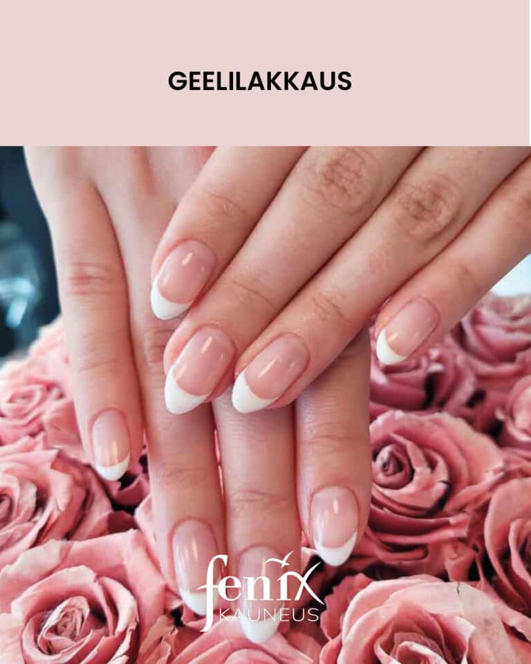 Ranskalainen geelilakkaus vaaleanpunaiset ruusut taustallaan.