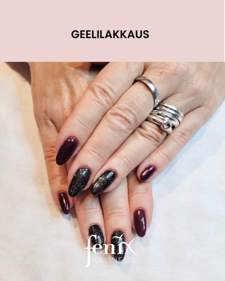 Geelilakatut kynnet, joista osa mustia glitterkynsia ja osa viininpunaisia.