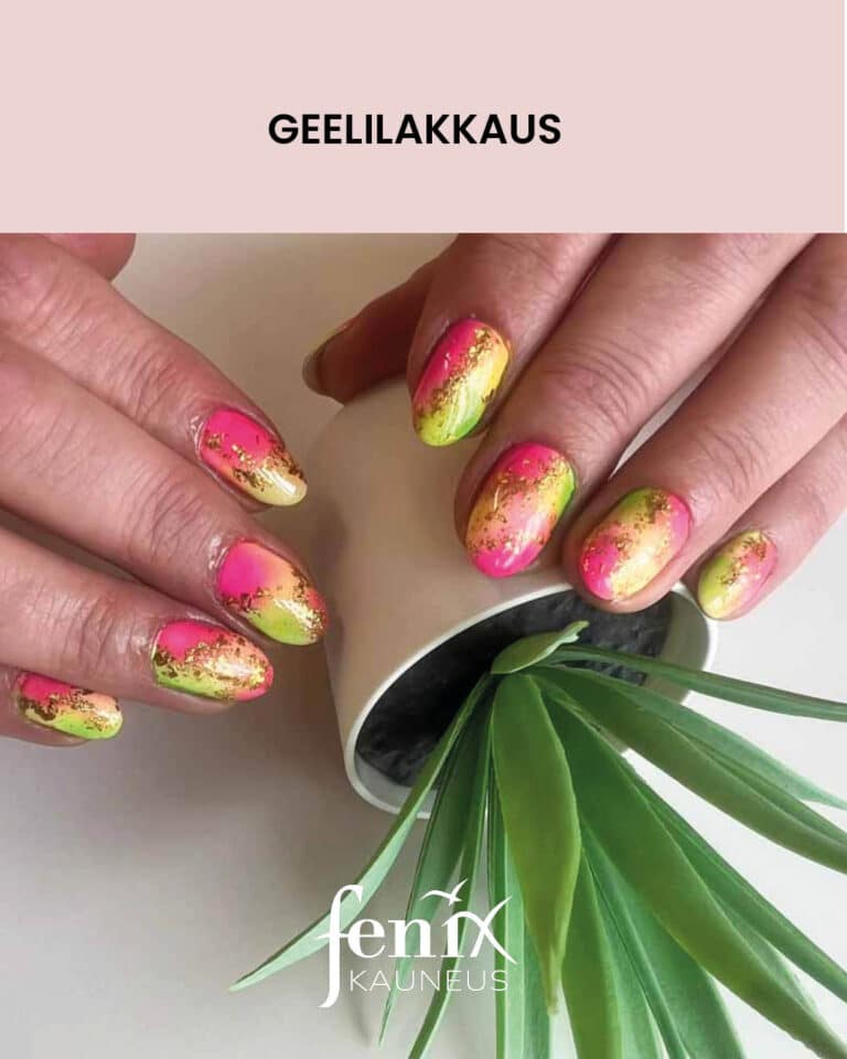 Neon pinkin ja neon keltaisen valilla vaihtuvat liukuvarjaystekniikalla geelilakatut lyhyet sormien kynnet. Kaikki kynnet on lisaksi kultahippukoristeltu kauttaaltaan.