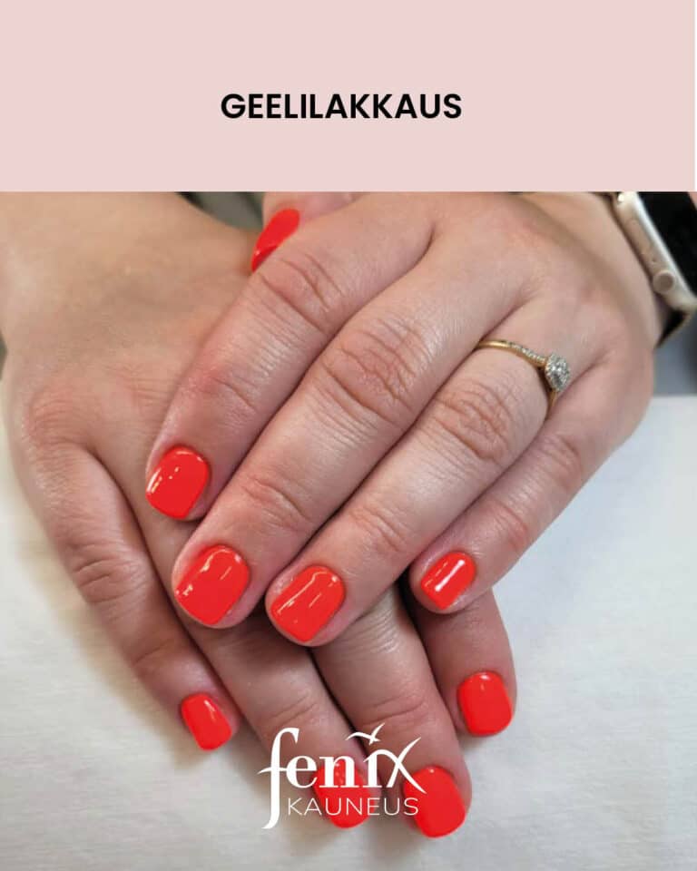 Lyhyet neon oranssilla geelilakalla lakatut sormien kynnet.