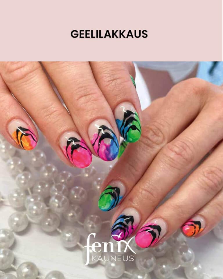 Eri varisilla neonvareilla vesivarityylilla geelilakatut lyhyet sormien kynnet. Kaikissa kynsissa lisaksi mustat abstraktit viivakuvioinnit.