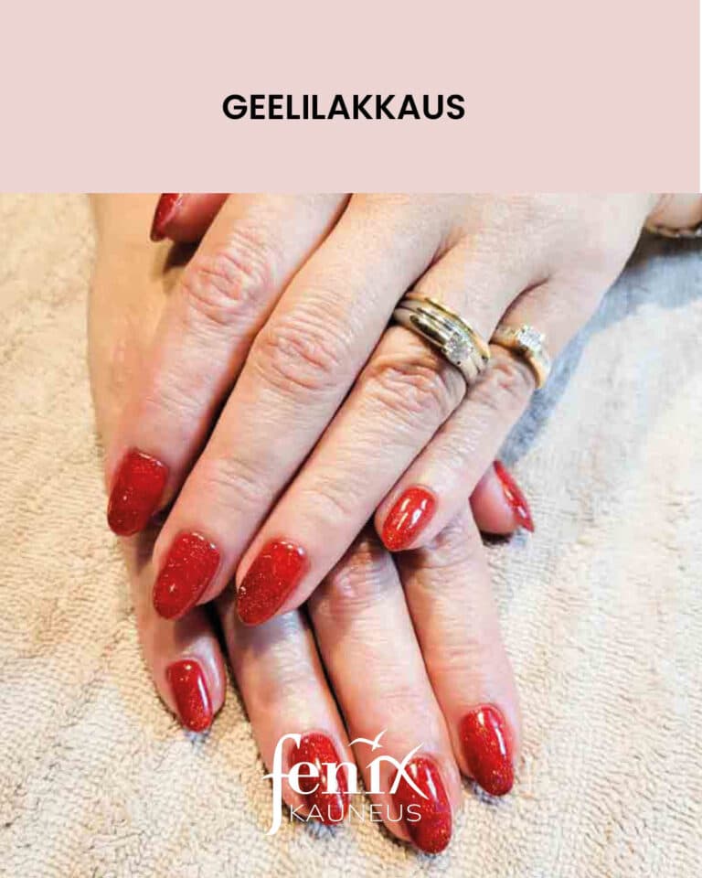 Tummanpunaisella glitterlakalla geelilakatut sormien kynnet.