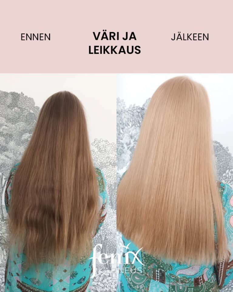 Ennen ja jalkeen -kuva vaaleanruskeista erikoispitkista hiuksista, joita on lyhennetty maltillisesti ja hiuksia on vaalennettu merkittavasti.