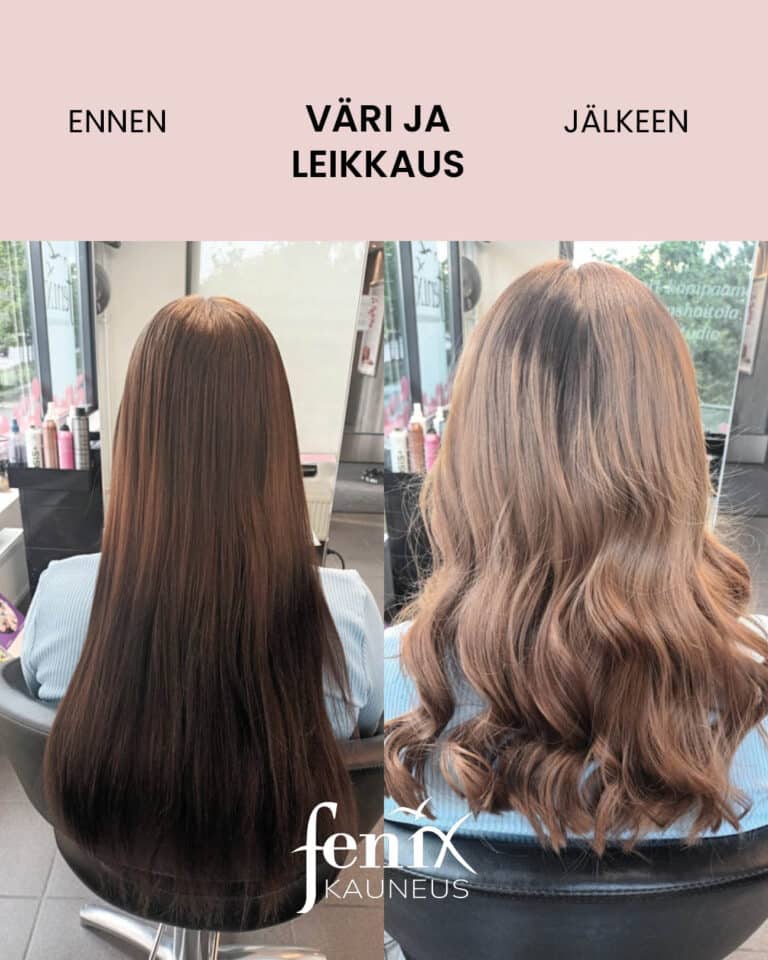 Ennen ja jalkeen -kuva tummista erikoispitkista hiuksista, joita on lyhennetty voimakkaasti, varia on vaalennettu ja hiukset on kiharrettu laineille.