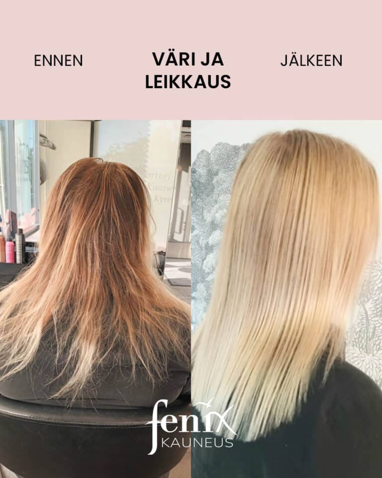 Ennen ja jalkeen -kuva pitkista vaaleista hiuksista, jotka on leikattu hartiamittaan, vaalennettu ja muotoonkuivattu.