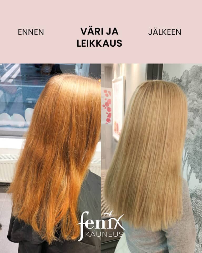 Ennen ja jalkeen -kuva pitkista punaisista hiuksista, jotka on tasoitettu, vaalennettu ja muotoonkuivattu.