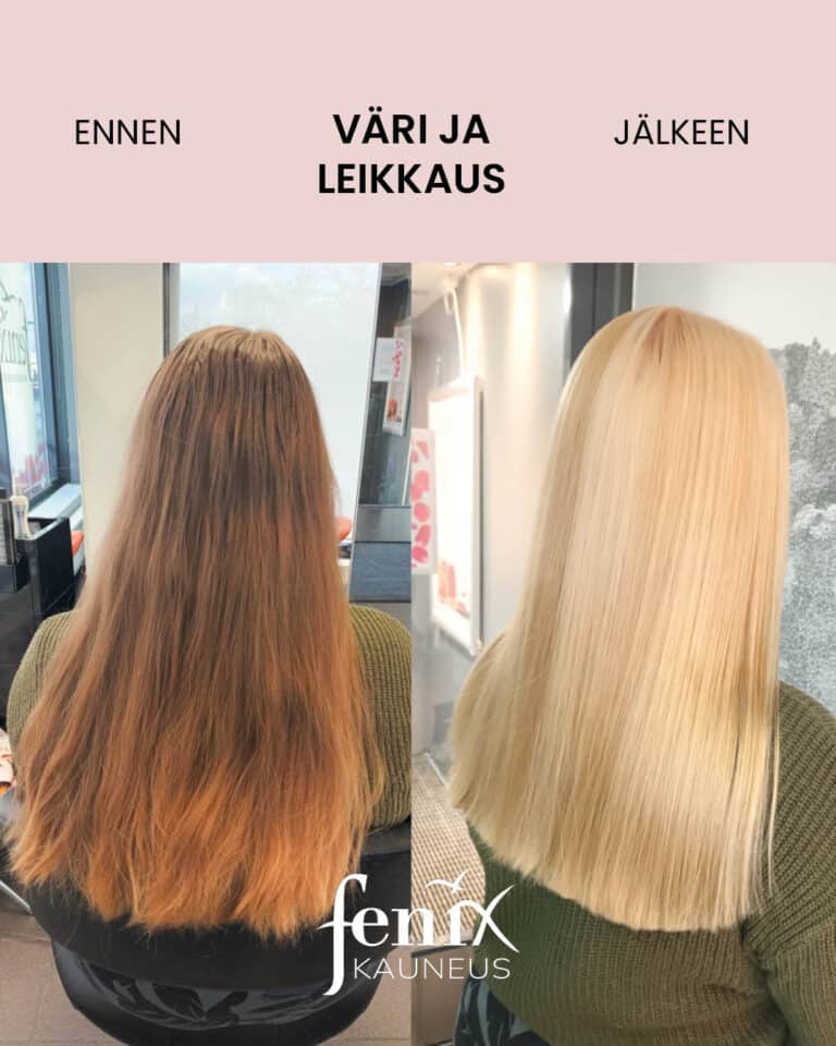 Ennen ja jalkeen -kuva erikoispitkista punaruskeista hiuksista, jotka on tasoitettu, vaalennettu ja muotoonkuivattu.