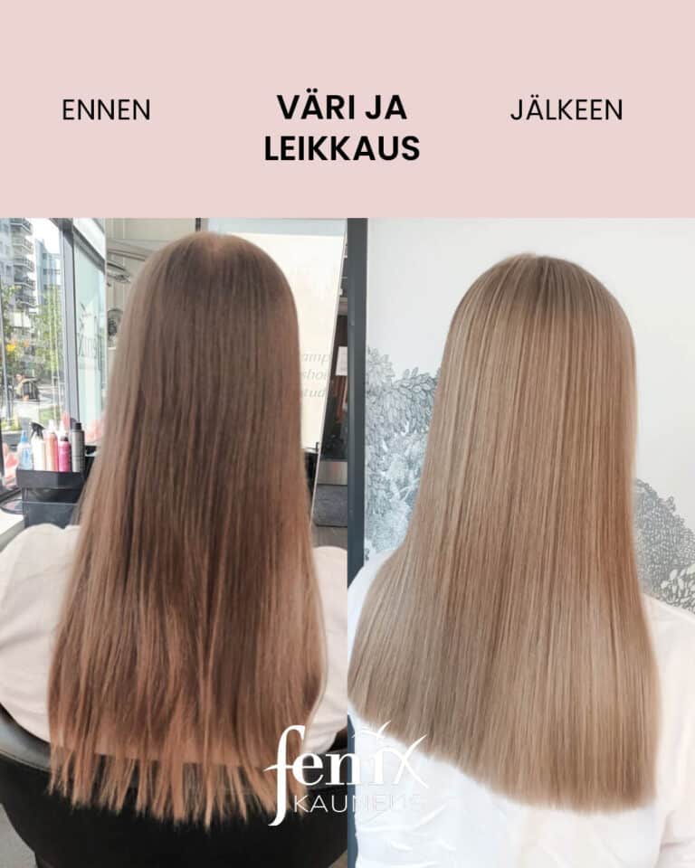 Ennen ja jalkeen -kuva erikoispitkista vaaleanruskeista hiuksista, joita on hieman lyhennetty, hiukset on vaalennettu ja lisaksi suoristettu.