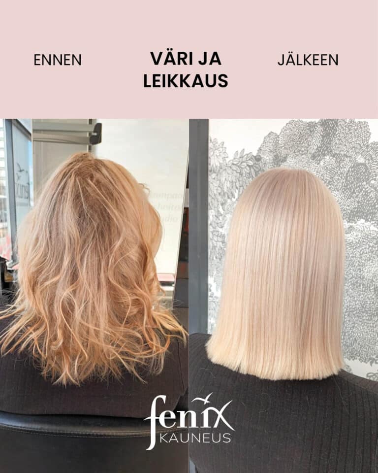 Ennen ja jalkeen -kuva vaaleista hartiamittaisista hiuksista, jotka on leikattu polkkapituuteen, vaalennettu tuhkanvaaleiksi ja suoristettu.