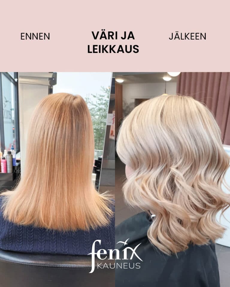 Ennen ja jalkeen -kuva punertavista hartiamittaisista hiuksista, jotka on leikattu olkapaille, raidoitettu vaaleiksi ja kiharrettu laineille.