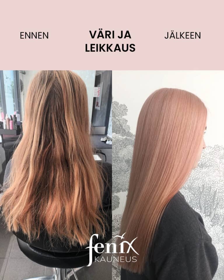 Ennen ja jalkeen -kuva pitkista ruskeista hiuksista, jotka on varjatty ruusukultaisiksi ja suoristettu.