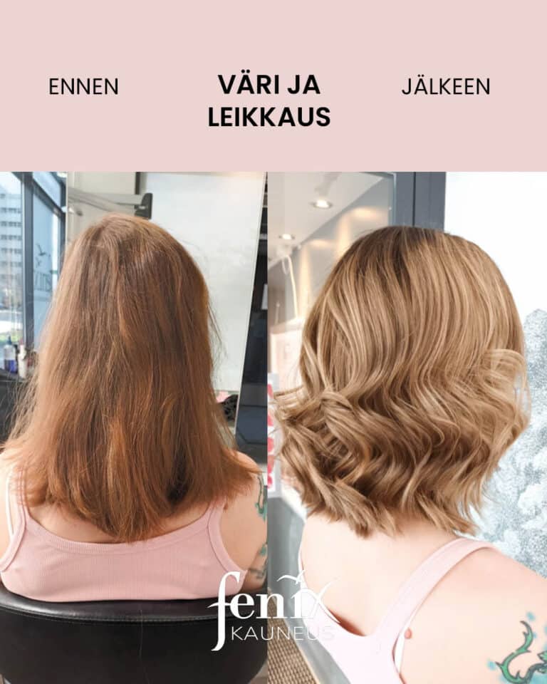 Ennen ja jalkeen -kuva lapaluumittaisista ruskeista hiuksista, jotka on raidoitettu vaaleiksi, leikattu polkkamittaisiksi ja kiharrettu laineille.
