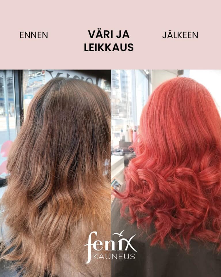 Ennen ja jalkeen -kuva ruskeista hiuksista, jotka on tasoitettu, varjatty kirkkaan punaisiksi ja kiharrettu.