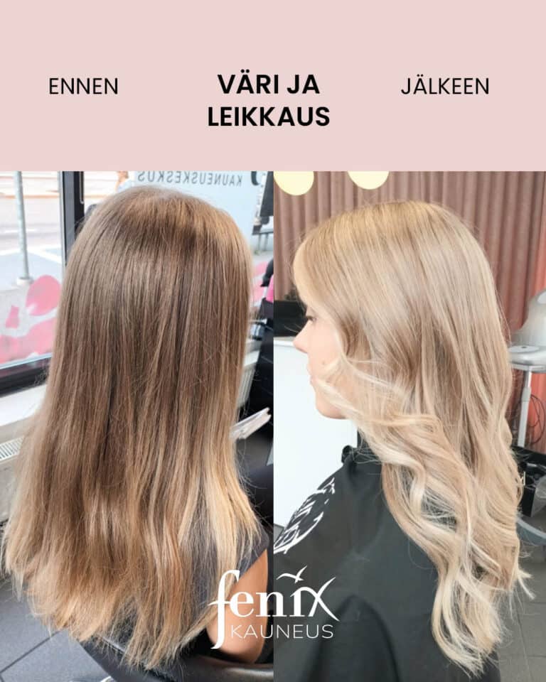 Ennen ja jalkeen -kuva pitkista tummanvaaleista hiuksista, jotka on tasoitettu, vaalennettu raidoilla ja kiharrettu laineille.