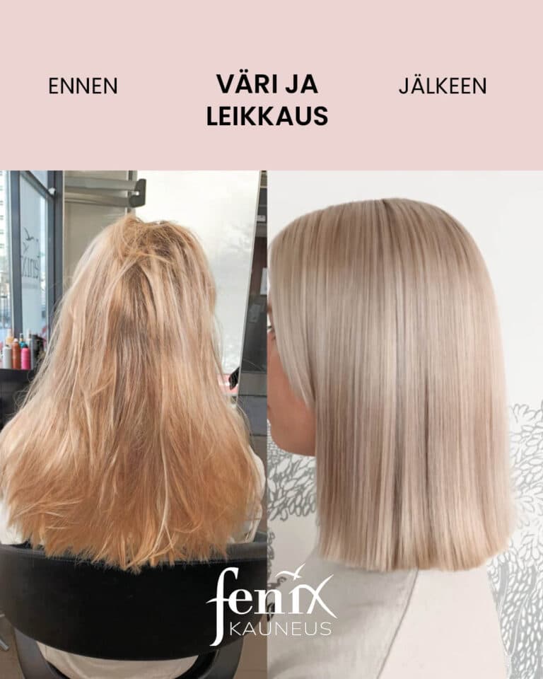 Ennen ja jalkeen -kuva pitkista vaaleista hiuksista, jotka on lyhennetty olkapaille, suoristettu ja vaalennettu tuhkanvaaleiksi.