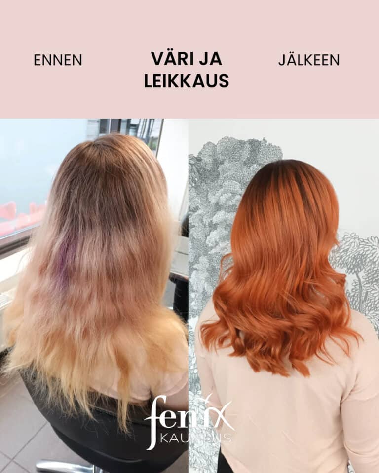 Ennen ja jalkeen -kuva pitkista vaaleista hiuksista, jotka on varjatty oranssinpunaisiksi, lyhennetty lapaluille asti ja kiharrettu laineille.
