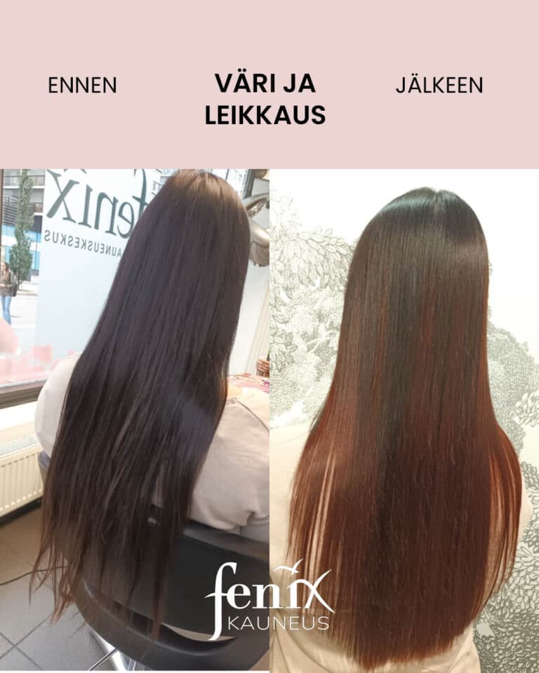 Ennen ja jalkeen -kuva erikoispitkista tummista hiuksista, jotka on tasoitettu ja varia on murrettu ruskealla vaaleammaksi.