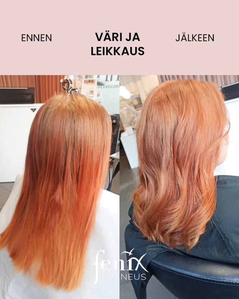 Ennen ja jalkeen -kuva punaisista pitkista hiuksista, jotka on