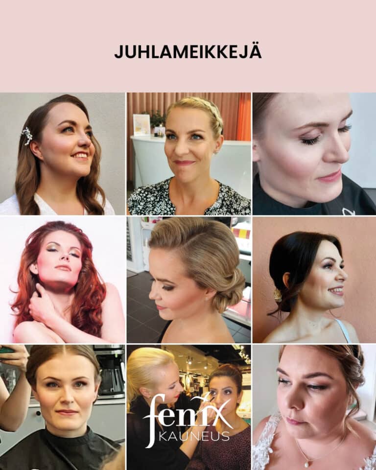 Kokoelamkuva meikkaaja-maskeeraaja ja parturi-kampaaja Eeva-Marja Saarisen tekemia meikkeja ja kampauksia.