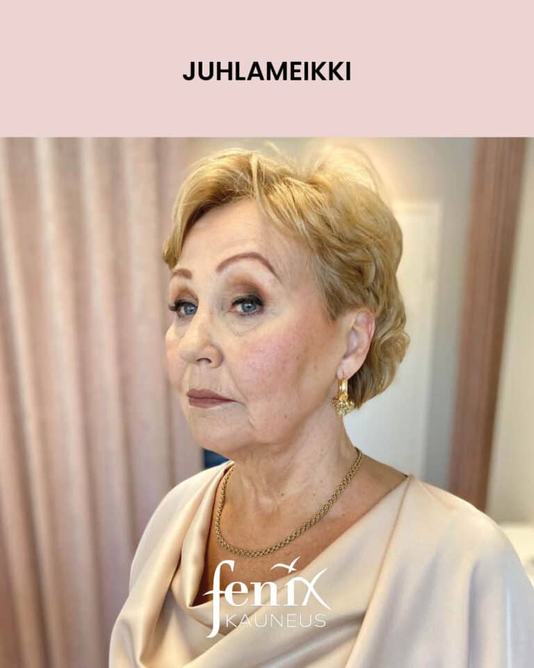 Aikuisen naisen ruskeansavyinen juhlameikki.
