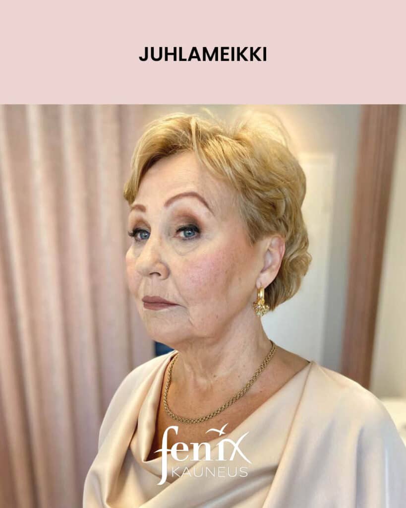 Aikuisen naisen ruskeansavyinen juhlameikki.