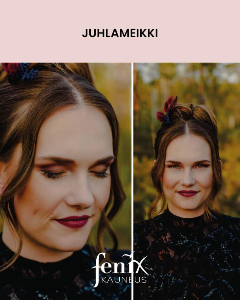 Raikas syksyinen meikki ja kampaus ulkona luonnossa hymyilevalle naiselle.