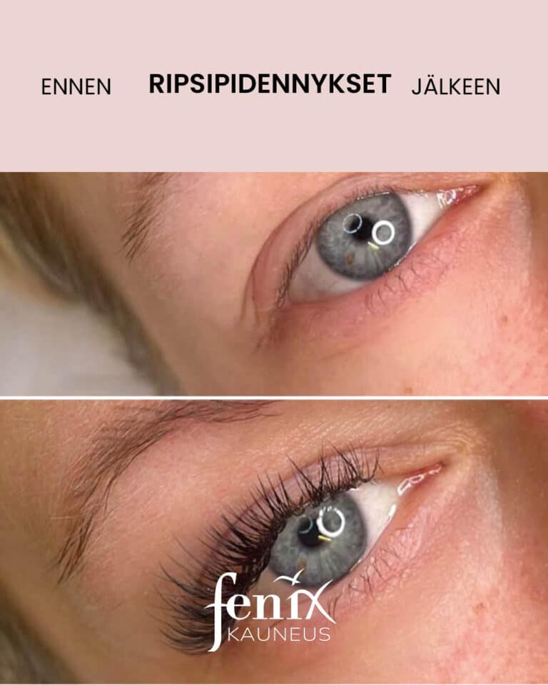 Lahikuvassa silma ennen ja jalkeen ripsipidennyksen.
