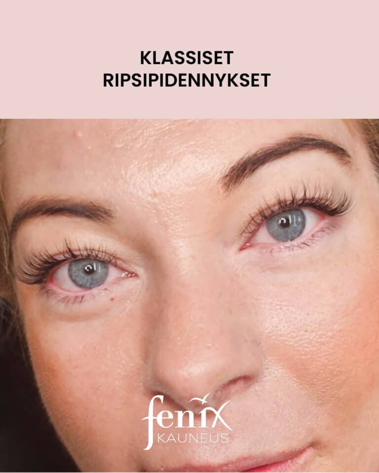 Klassinen ripsienpidennys sinisilmaisella naisella.
