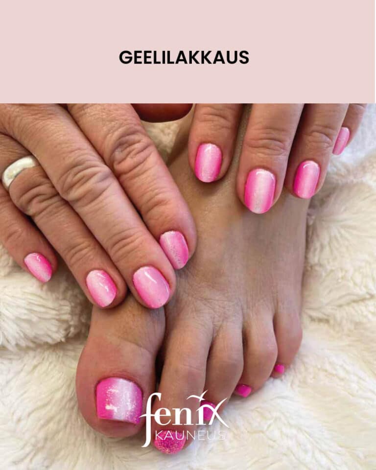 Pinkista valkoiseen ja takaisin liukuvalla liukuvarjaystekniikalla geelilakatut sormien ja varpaiden kynnet.
