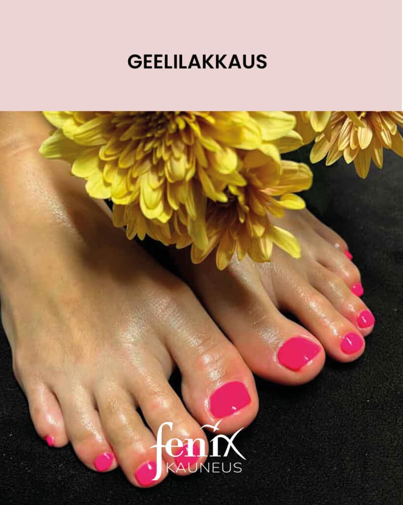 Kirkkaan neon pinkilla geelilakalla lakatut varpaankynnet.