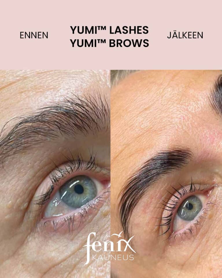 Ennen ja jalkeen YumiLashes -lashlift ja YumiBrows -browlifthoidon.