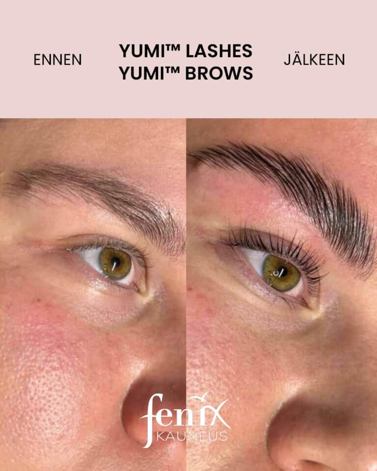 Pitkat ripset ja tuuheat kulmakarvat ennen ja jalkeen YumiLashes -ripsien kestotaivutuksen ja YumiBrows -kulmakarvojen laminointihoidon.
